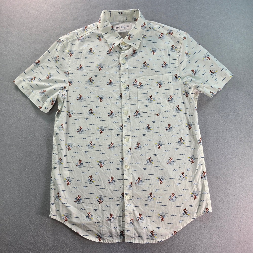 Original Penguin Mens Small White Surfer Print Short Sleeve Button Down Shirt